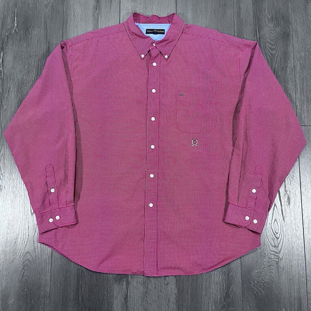 Vintage Tommy Hilfiger Golf Shirt XXL L/S Crest Tee Pocket Tight Pin Check Plaid